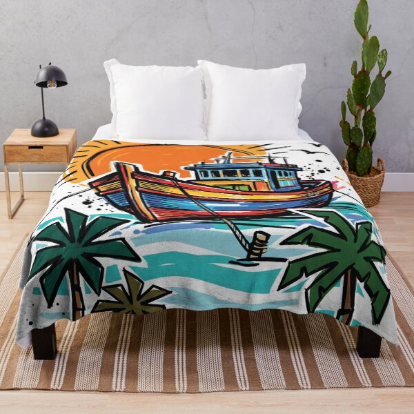 Item preview, Tropical Fishing Boat Sunrise Beach Art Print designed and sold by Merch by Das Design Studio.