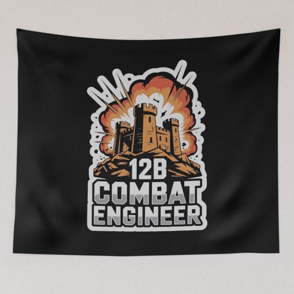 Item preview, 12B Combat Engineer — Exploding Castle Emblem on Rocky Base U.S. Army MOS Military Engineering Graphic White Outline designed and sold by GFamilyC.