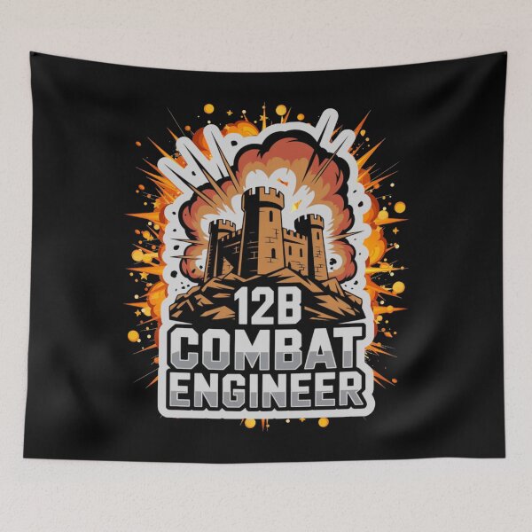 Item preview, 12B Combat Engineer — Massive Exploding Castle Emblem on Rocky Base U.S. Army MOS Military Engineering Graphic White Outline designed and sold by GFamilyC.