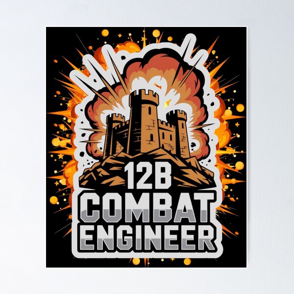 Item preview, 12B Combat Engineer — Massive Exploding Castle Emblem on Rocky Base U.S. Army MOS Military Engineering Graphic White Outline designed and sold by GFamilyC.