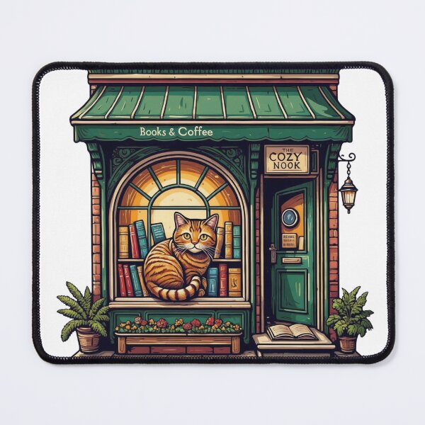 Item preview, Cozy bookstore with a cat in the window designed and sold by DVerse Studio.