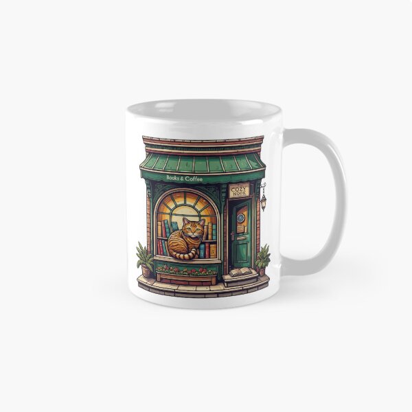 Item preview, Cozy bookstore with a cat in the window designed and sold by DVerse Studio.