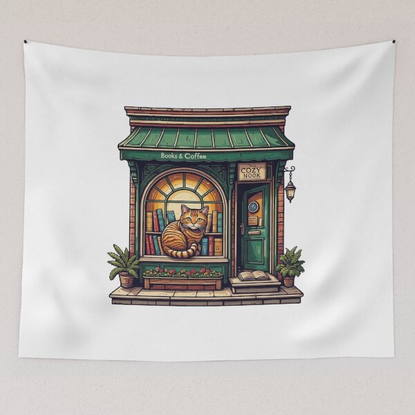 Item preview, Cozy bookstore with a cat in the window designed and sold by DVerse Studio.