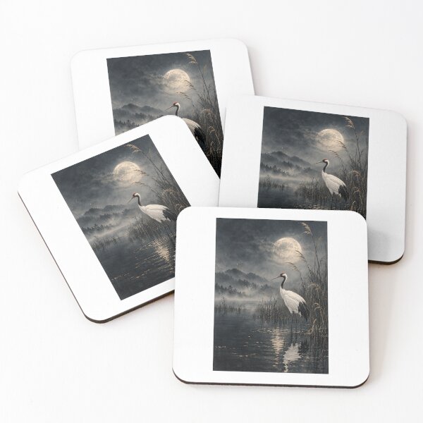 Item preview, Red Crown in Silent Reeds – Japanese Sumi-e Crane Wall Art designed and sold by yuryu14yutaka.