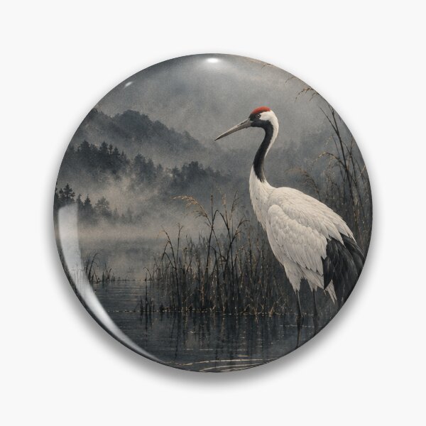 Item preview, Red Crown in Silent Reeds – Japanese Sumi-e Crane Wall Art designed and sold by yuryu14yutaka.