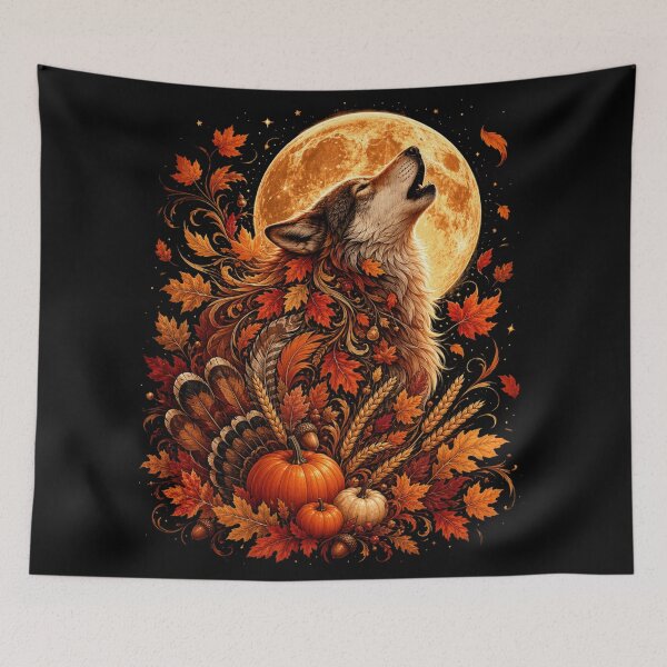 Item preview, Thanksgiving Wolf Howling at Harvest Moon - Autumn Pumpkin Fall  designed and sold by NightshadeWolfs.