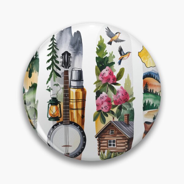 Item preview, West Virginia Mountain Watercolor – Banjo, Rhododendron & Cabin designed and sold by Marie Gems.