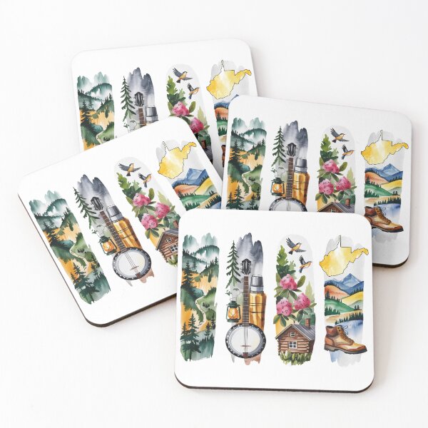 Item preview, West Virginia Mountain Watercolor – Banjo, Rhododendron & Cabin designed and sold by Marie Gems.