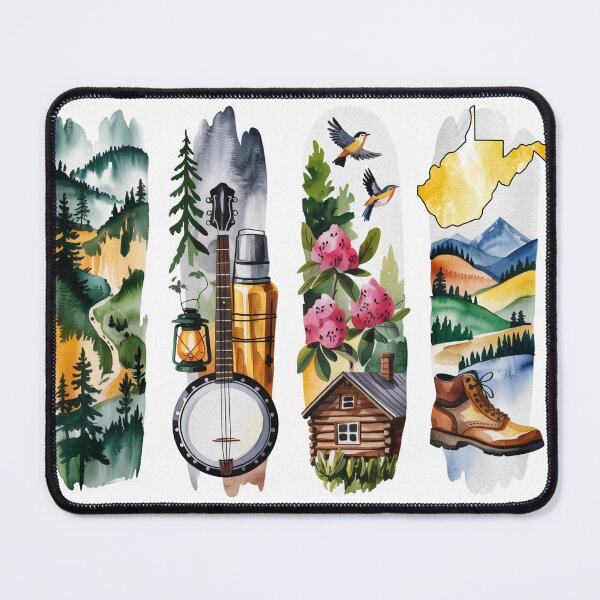 Item preview, West Virginia Mountain Watercolor – Banjo, Rhododendron & Cabin designed and sold by Marie Gems.