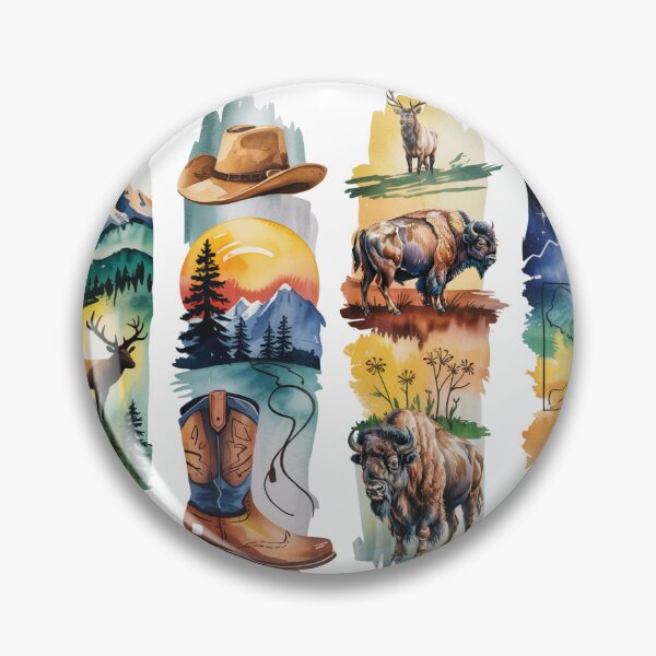 Item preview, Wyoming Wilderness Watercolor – Bison, Elk & Cowboy Boots designed and sold by Marie Gems.