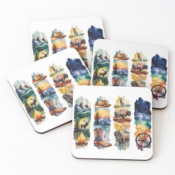 Item preview, Wyoming Wilderness Watercolor – Bison, Elk & Cowboy Boots designed and sold by Marie Gems.