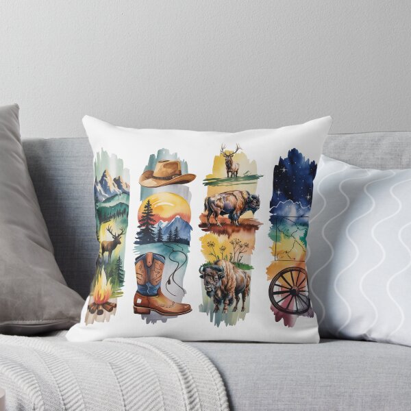 Item preview, Wyoming Wilderness Watercolor – Bison, Elk & Cowboy Boots designed and sold by Marie Gems.
