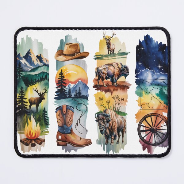 Item preview, Wyoming Wilderness Watercolor – Bison, Elk & Cowboy Boots designed and sold by Marie Gems.