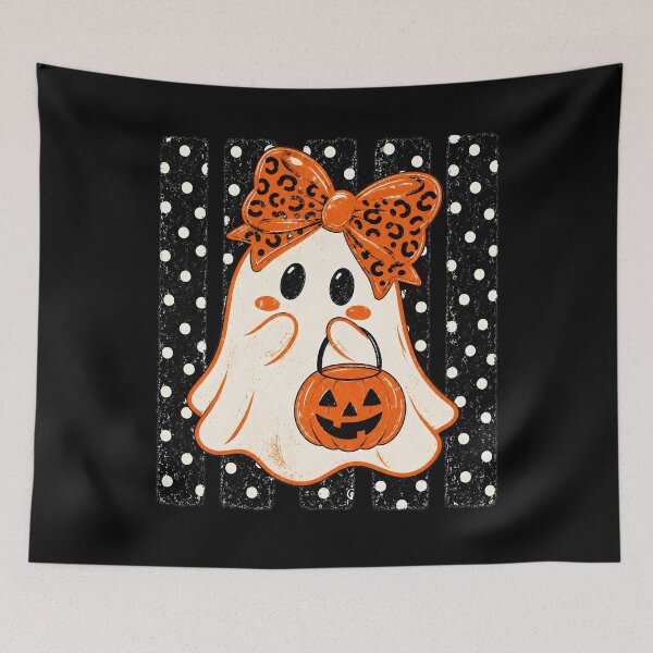 Item preview, Preppy Halloween Ghost Polka Dots Ghost with Leopard Bow and Pumpkin Halloween designed and sold by CatiaStudioArt.