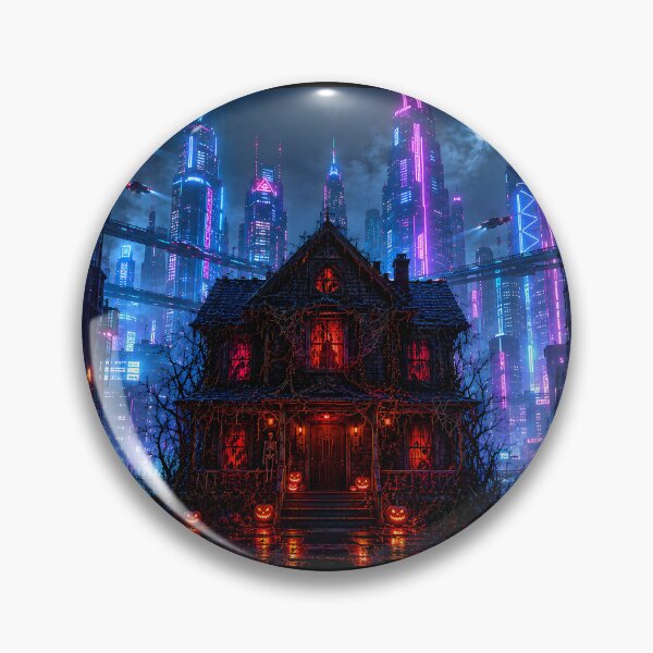 Item preview, Cyberpunk Halloween Haunted House Neon City Skyline designed and sold by Kek-Ina.