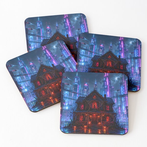 Item preview, Cyberpunk Halloween Haunted House Neon City Skyline designed and sold by Kek-Ina.