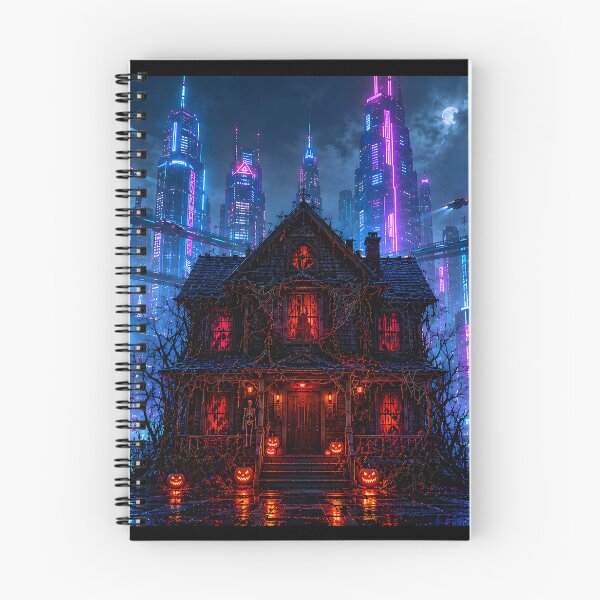 Item preview, Cyberpunk Halloween Haunted House Neon City Skyline designed and sold by Kek-Ina.