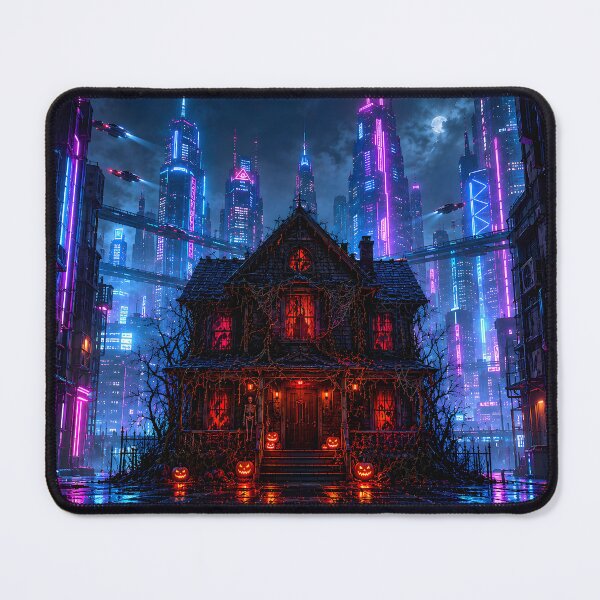 Item preview, Cyberpunk Halloween Haunted House Neon City Skyline designed and sold by Kek-Ina.