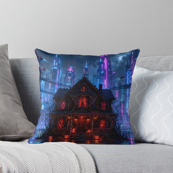 Item preview, Cyberpunk Halloween Haunted House Neon City Skyline designed and sold by Kek-Ina.