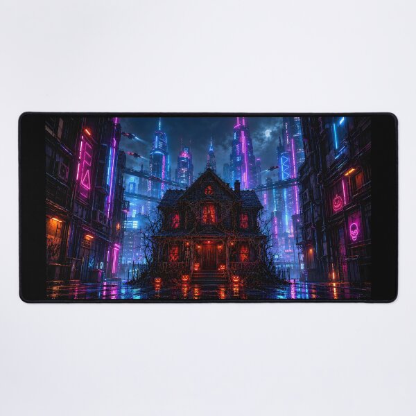 Item preview, Cyberpunk Halloween Haunted House Neon City Skyline designed and sold by Kek-Ina.