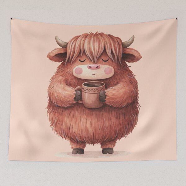 Item preview, Cozy Highland Cow with Coffee — Cute Fluffy Cow & Warm Drink Illustration. designed and sold by SaraSumi.