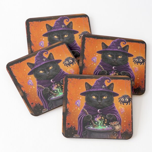 Item preview, Black Cat Witch Stirring Cauldron Halloween Illustration designed and sold by Mindworx21.