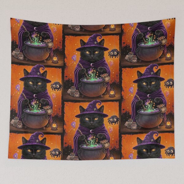 Item preview, Black Cat Witch Stirring Cauldron Halloween Illustration designed and sold by Mindworx21.