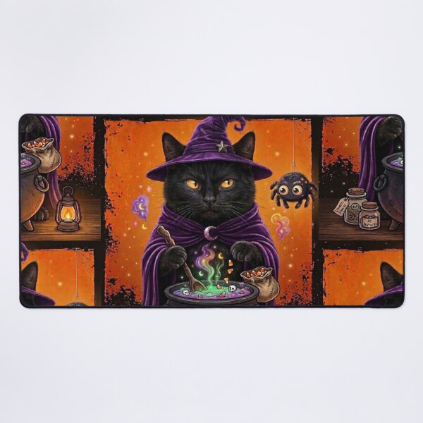 Item preview, Black Cat Witch Stirring Cauldron Halloween Illustration designed and sold by Mindworx21.