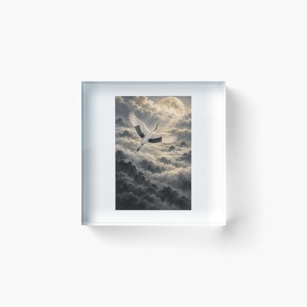 Item preview, White Wings Beyond the Clouds – Japanese Crane and Moon Art designed and sold by yuryu14yutaka.