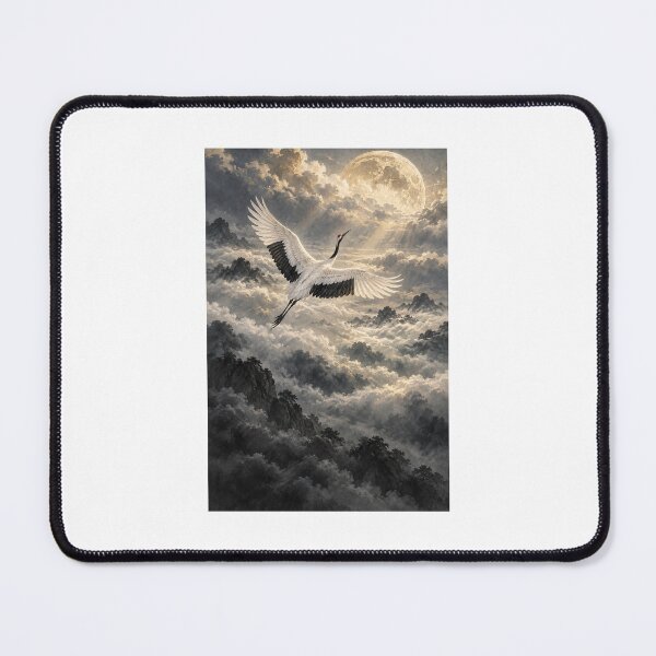 Item preview, White Wings Beyond the Clouds – Japanese Crane and Moon Art designed and sold by yuryu14yutaka.