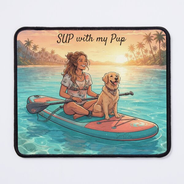 Item preview, SUP with my Pup - Cute Golden Retriever Dog on Stand Up Paddleboard, Girl and Puppy Summer Beach Sunset, Paddleboarding Apparel Graphic Sticker designed and sold by SmartPuns.