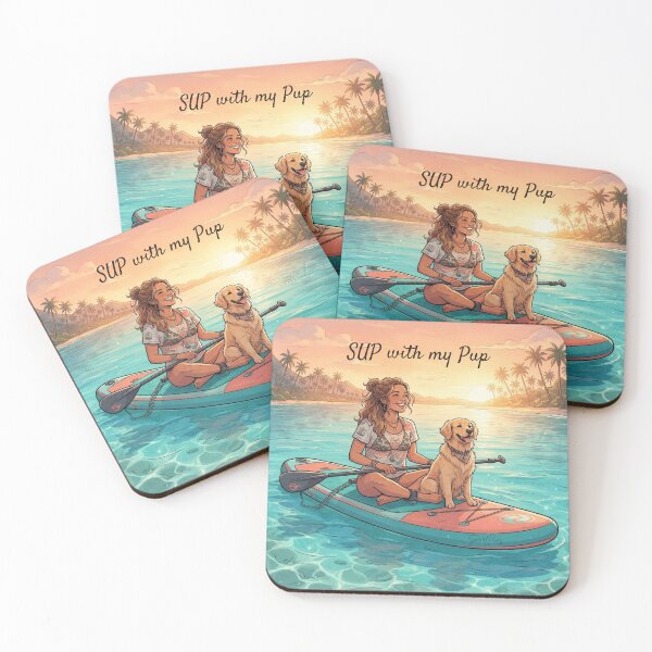 Item preview, SUP with my Pup - Cute Golden Retriever Dog on Stand Up Paddleboard, Girl and Puppy Summer Beach Sunset, Paddleboarding Apparel Graphic Sticker designed and sold by SmartPuns.