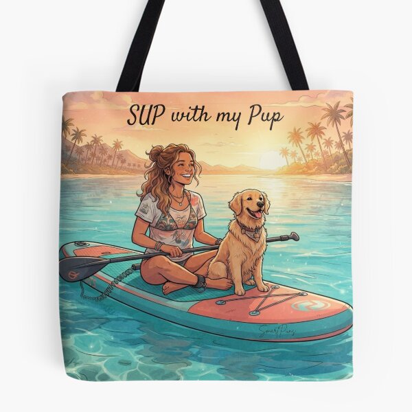 Item preview, SUP with my Pup - Cute Golden Retriever Dog on Stand Up Paddleboard, Girl and Puppy Summer Beach Sunset, Paddleboarding Apparel Graphic Sticker designed and sold by SmartPuns.