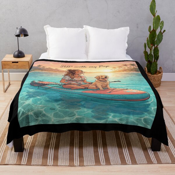Item preview, SUP with my Pup - Cute Golden Retriever Dog on Stand Up Paddleboard, Girl and Puppy Summer Beach Sunset, Paddleboarding Apparel Graphic Sticker designed and sold by SmartPuns.