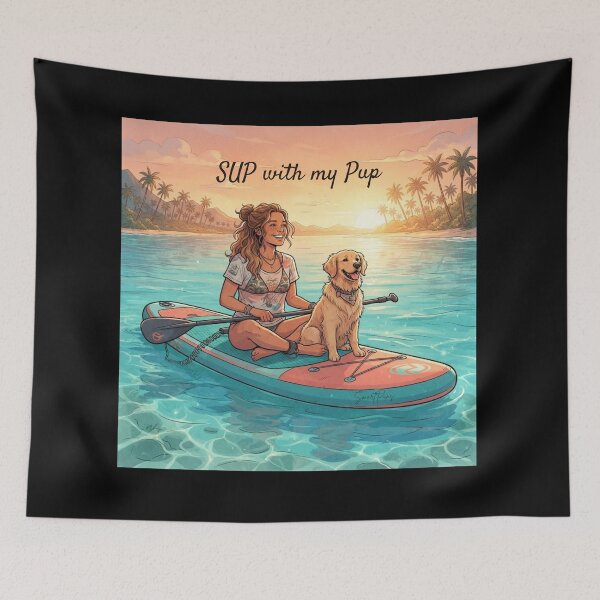 Item preview, SUP with my Pup - Cute Golden Retriever Dog on Stand Up Paddleboard, Girl and Puppy Summer Beach Sunset, Paddleboarding Apparel Graphic Sticker designed and sold by SmartPuns.