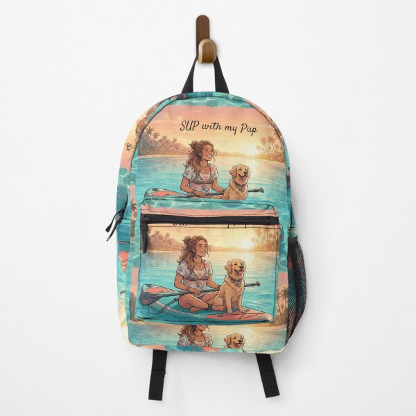 Item preview, SUP with my Pup - Cute Golden Retriever Dog on Stand Up Paddleboard, Girl and Puppy Summer Beach Sunset, Paddleboarding Apparel Graphic Sticker designed and sold by SmartPuns.