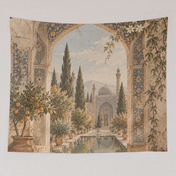 Item preview, Boho Persian Garden Arch Oil Painting Sage Blue designed and sold by Jozefin's Studio.