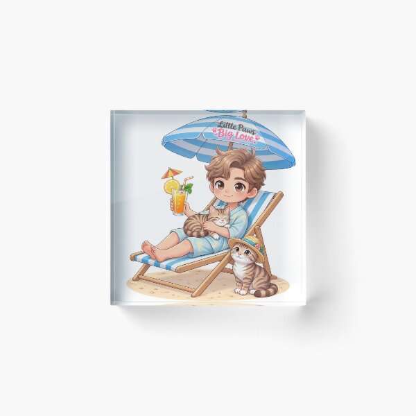 Item preview, Cute Boy with Cats at the Beach – Summer Cat Lover Chibi Art designed and sold by Meluna-studio.