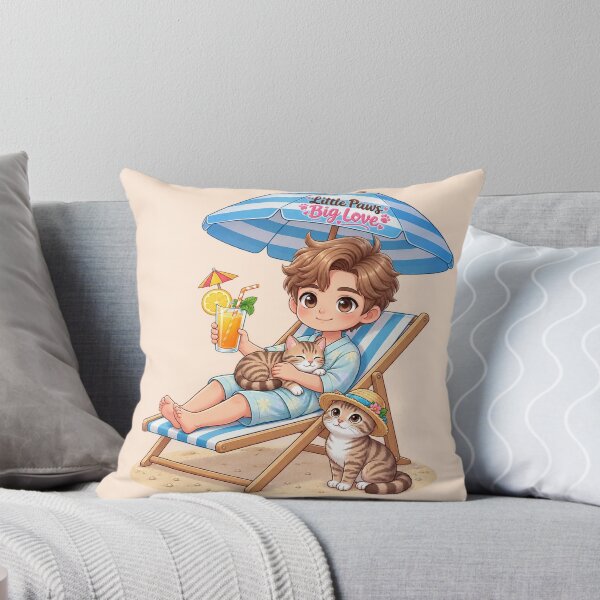 Artikelvorschau, Niedlicher Junge mit Katzen am Strand – Sommerliche Chibi-Kunst für Katzenliebhaber entworfen und verkauft von Meluna-studio.