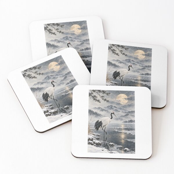Item preview, Crane at the Winter Shore – Japanese Sumi-e Winter Art designed and sold by yuryu14yutaka.