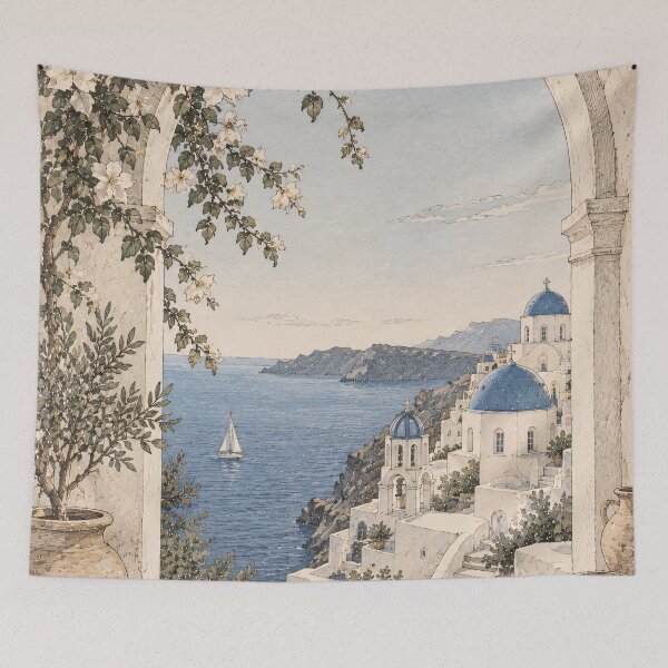 Item preview, Coastal Mediterranean Arch Sea View Oil Painting designed and sold by Jozefin's Studio.