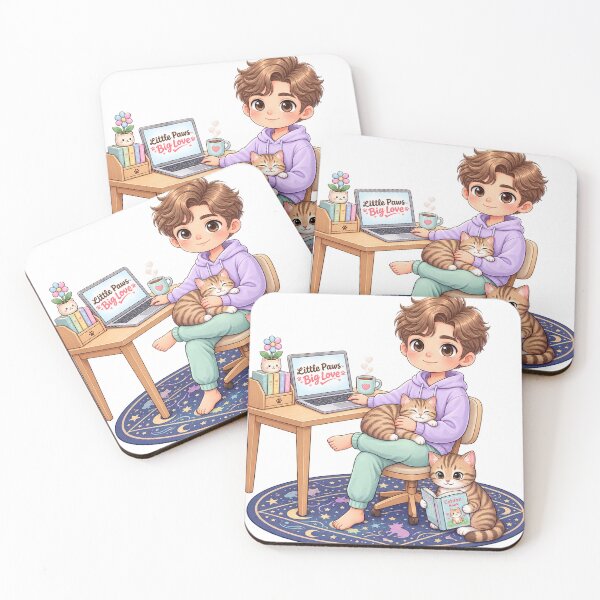 Item preview, Cute Boy with Cats – Cozy Cat Lover Study & Work Chibi Illustration designed and sold by Meluna-studio.