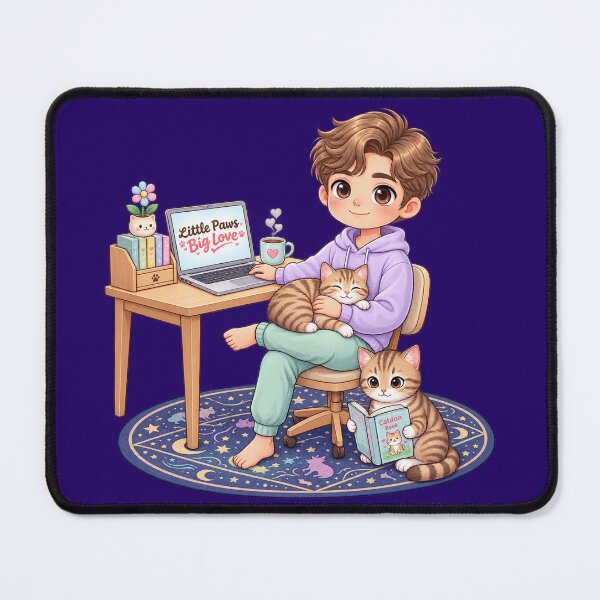 Item preview, Cute Boy with Cats – Cozy Cat Lover Study & Work Chibi Illustration designed and sold by Meluna-studio.