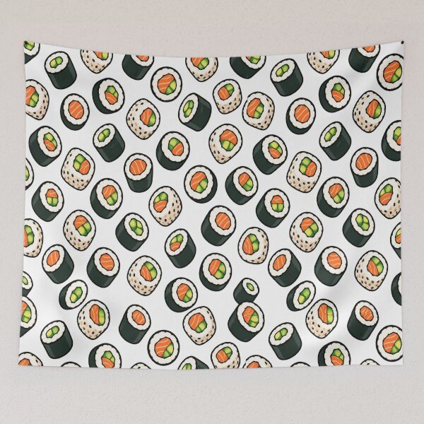 Artikelvorschau, Nahtloses Muster mit Cartoon-Sushi-Rollen entworfen und verkauft von Kybruno's Creations.