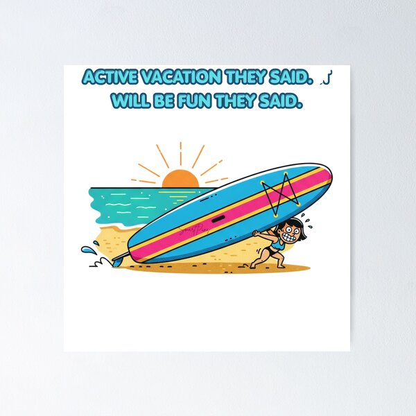 Item preview, Funny Petite Girl Struggling with Giant Paddleboard, Cute Comic Woman Carrying Big SUP Board Beach Cartoon, Summer Vacation Humor Apparel Graphic Sticker designed and sold by SmartPuns.