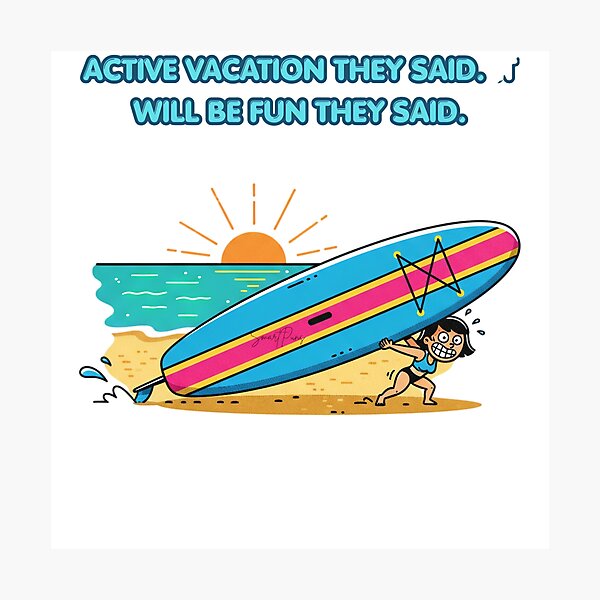 Item preview, Funny Petite Girl Struggling with Giant Paddleboard, Cute Comic Woman Carrying Big SUP Board Beach Cartoon, Summer Vacation Humor Apparel Graphic Sticker designed and sold by SmartPuns.