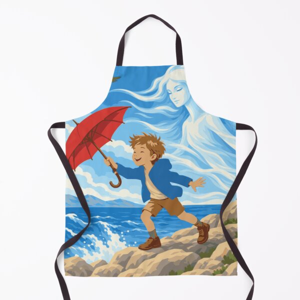 Artikelvorschau, Wandbild „Tanz mit der Bura“, Adria-Küstenmotiv, Junge mit rotem Regenschirm, Mediterrane Kunst, Kroatische Küstendekoration, Verspielte Kunst entworfen und verkauft von Studio pod Burom.