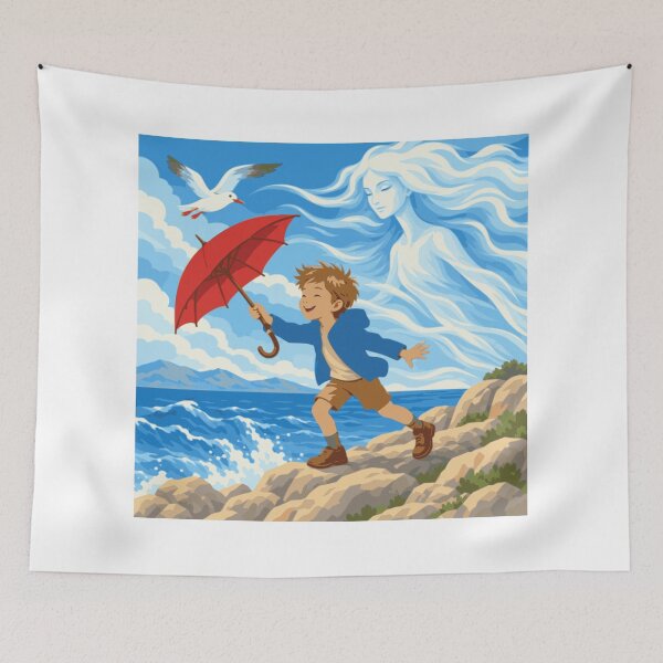 Item preview, Dancing with the Bura Wall Art, Adriatic Coastal Print, Boy with Red Umbrella, Mediterranean Art, Croatian Seaside Decor, Whimsical Art designed and sold by Studio pod Burom.