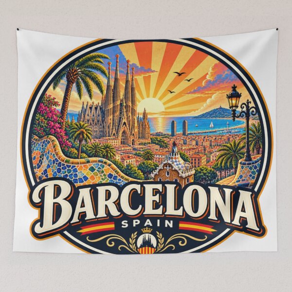 Item preview, Barcelona Spain Vintage Travel Poster designed and sold by timiparkerart.
