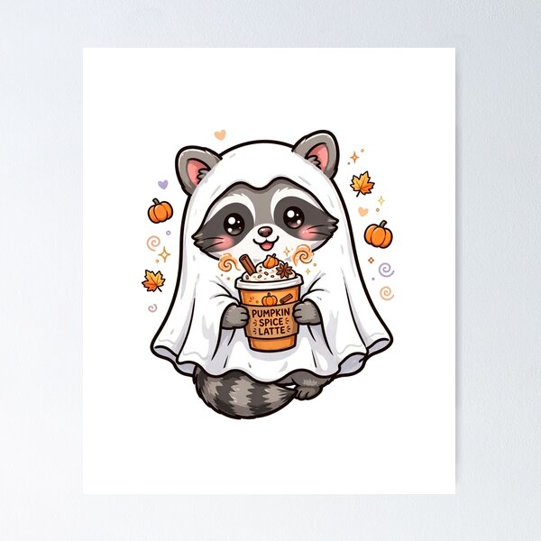 Item preview, Cute Ghost Raccoon Drinking Coffee Pumpkin Spice Autumn Sticker designed and sold by     Fatma Creates.